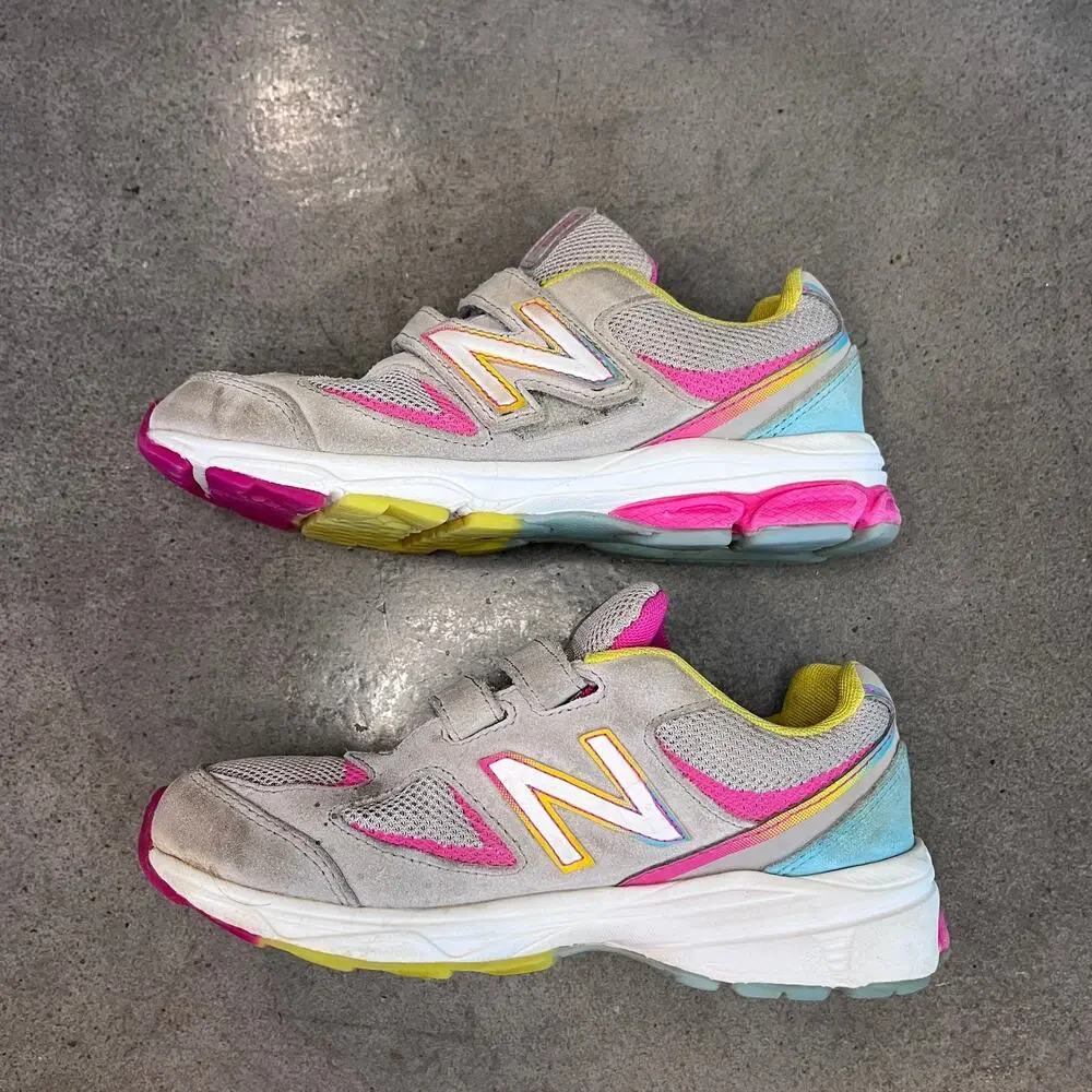 New Balance Gray pink yellow suede no lace sneakers Youth girls 2 athletic shoes